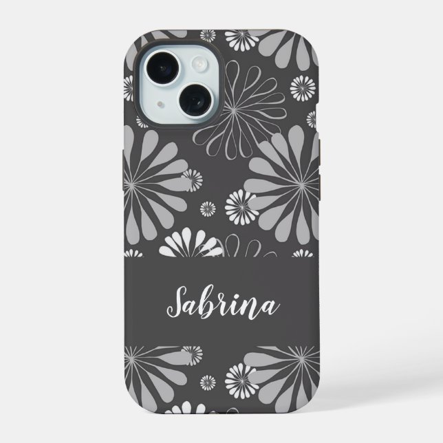 White and grey floral pattern iPhone 15 case (Back)
