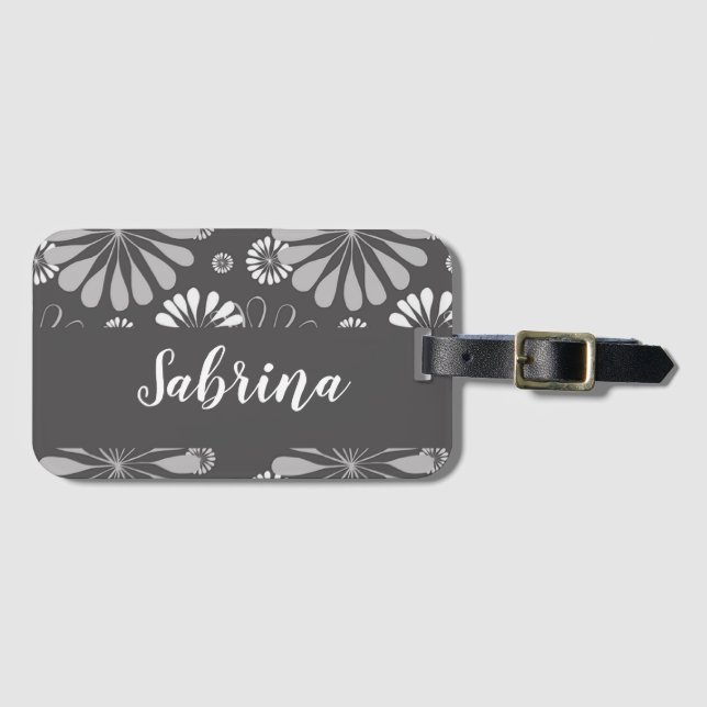 White and grey floral pattern luggage tag (Front Horizontal)