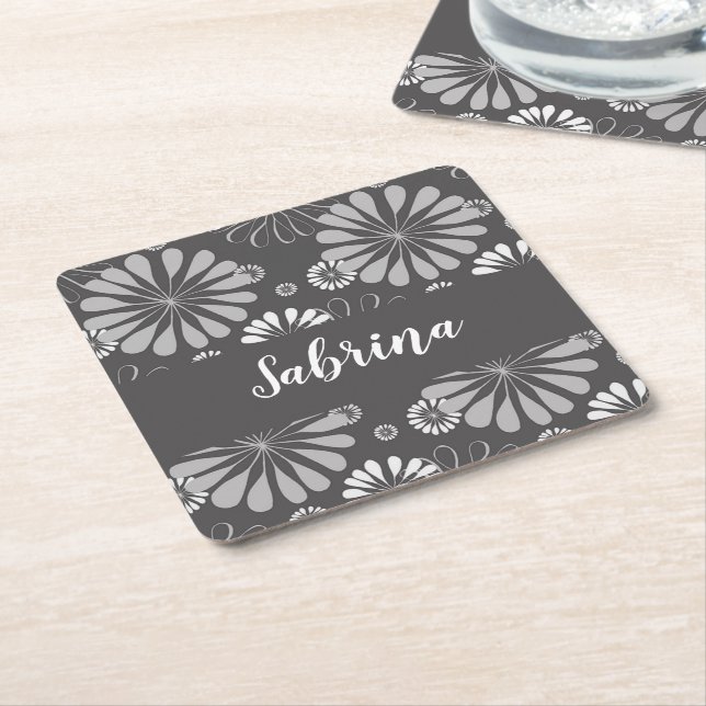 White and grey floral pattern square paper coaster (Angled)