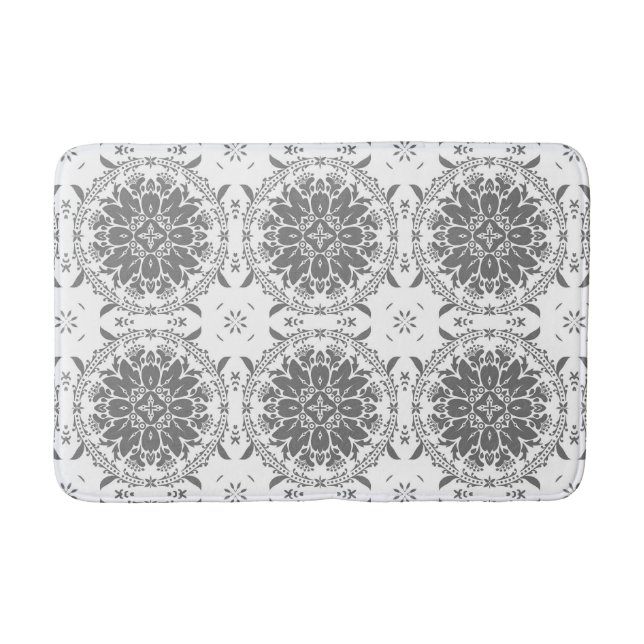 White and grey folklore ornament damask bath mat (Front)