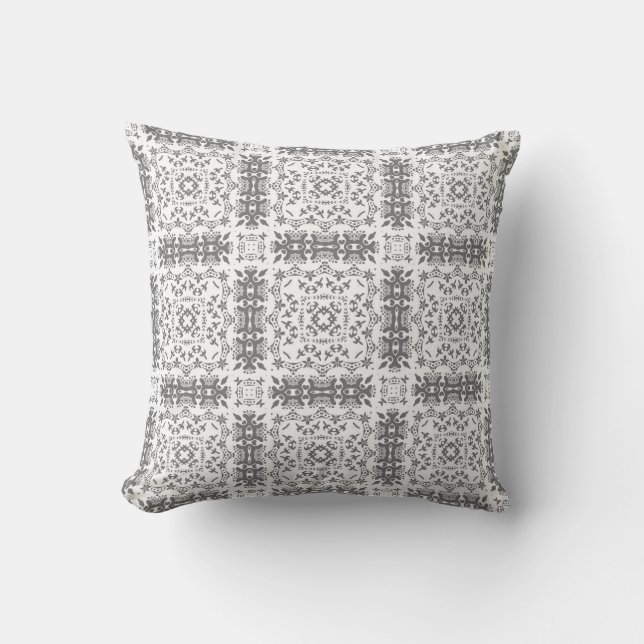 White and grey  folklore ornament damask cushion (Front)