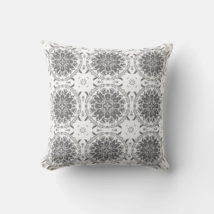 White and grey folklore ornament damask cushion