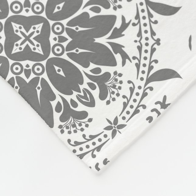 White and grey folklore ornament damask fleece blanket (Corner)
