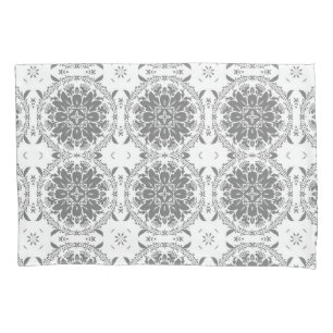 White and grey folklore ornament damask pillowcase