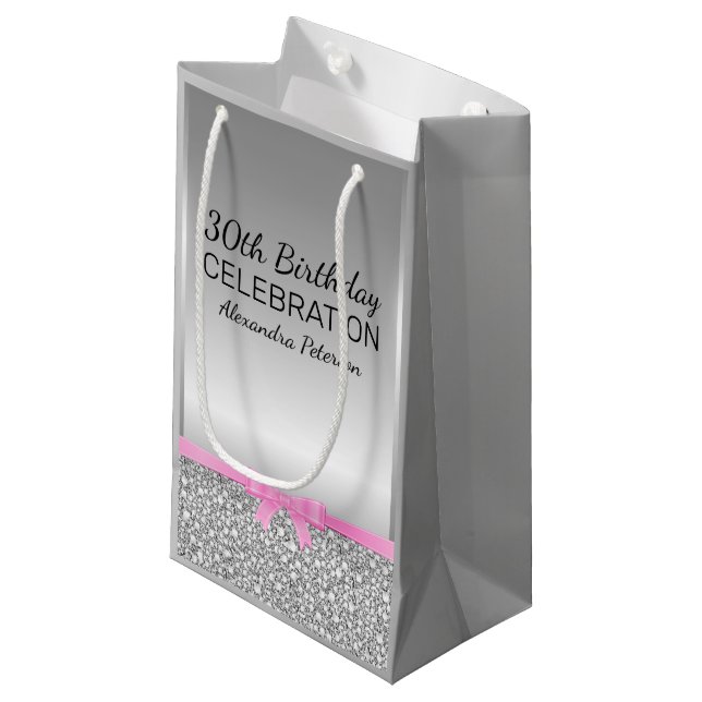 White And Grey Glitter Birthday Small Gift Bag (Front Angled)