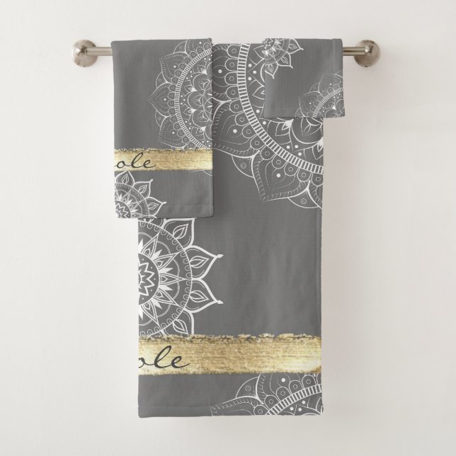 White And Grey Mandala With A Touch  Of Gold Bath Towel Set (Insitu)