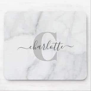 White and Grey Marble Personalised Monogram Name Mouse Mat