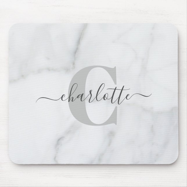 White and Grey Marble Personalised Monogram Name Mouse Mat (Front)