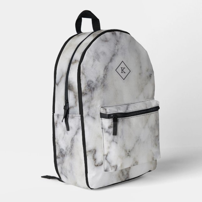 White and grey marble texture print | monogram printed backpack (Back Corner Left)