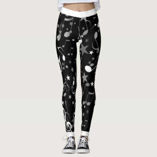 White and Grey Music Notes and White Trim on BLACK Leggings