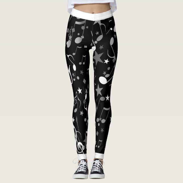 White and Grey Music Notes and White Trim on BLACK Leggings (Front)