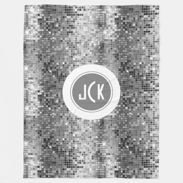White And Grey Retro Disco-Ball Glitter Monogram Fleece Blanket (Front)