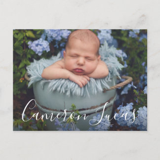 White and Grey Script Calligraphy Collage Birth  Announcement Postcard