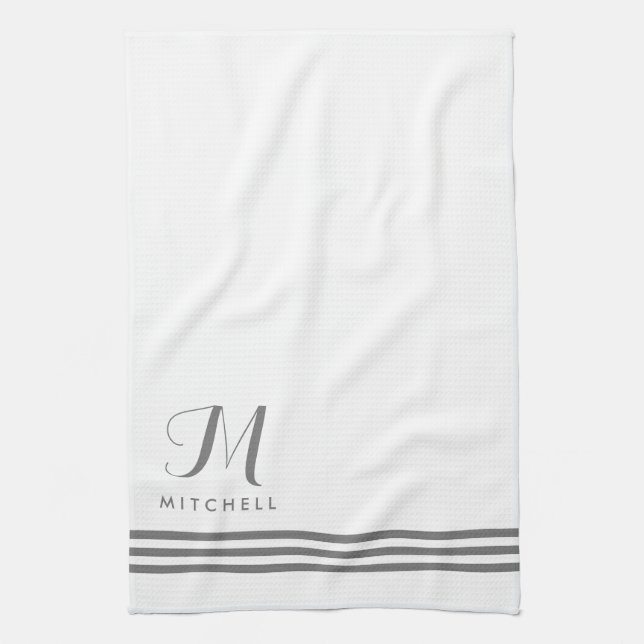 White and Grey Sophisticated Stripes and Monogram Tea Towel (Vertical)