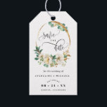 White and Honey Floral Wedding Save the Date Gift Tags<br><div class="desc">Delight your guests announcing your wedding date with a gift; they will love hearing the news and enjoy the nice detail! Photo gift tag with attractive oval arch frame with watercolor flowers with phrase Save the date in modern hand written calligraphy. Flowers in a beautiful combination of white, gold, mustard...</div>