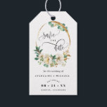 White and Honey Floral Wedding Save the Date Gift Tags<br><div class="desc">Delight your guests announcing your wedding date with a gift; they will love hearing the news and enjoy the nice detail! Photo gift tag with attractive oval arch frame with watercolor flowers with phrase Save the date in modern hand written calligraphy. Flowers in a beautiful combination of white, gold, mustard...</div>