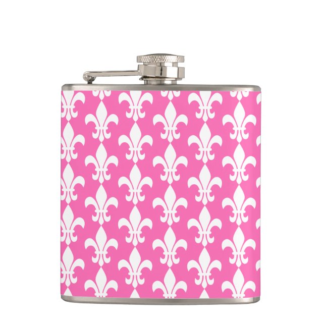 White and Hot Pink Fleur de Lis Pattern Hip Flask (Front)