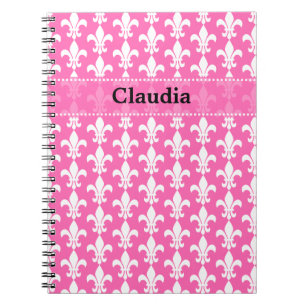 White and Hot Pink Fleur de Lis Pattern Notebook