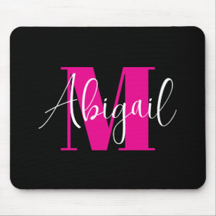 White and Hot Pink Modern Monogram Black Mouse Mat