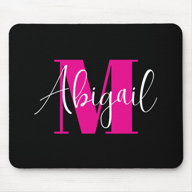 White and Hot Pink Modern Monogram Black Mouse Mat (Front)