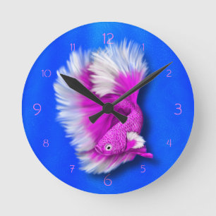 White and Hot Pink Siamese Fighting Fish Round Clock