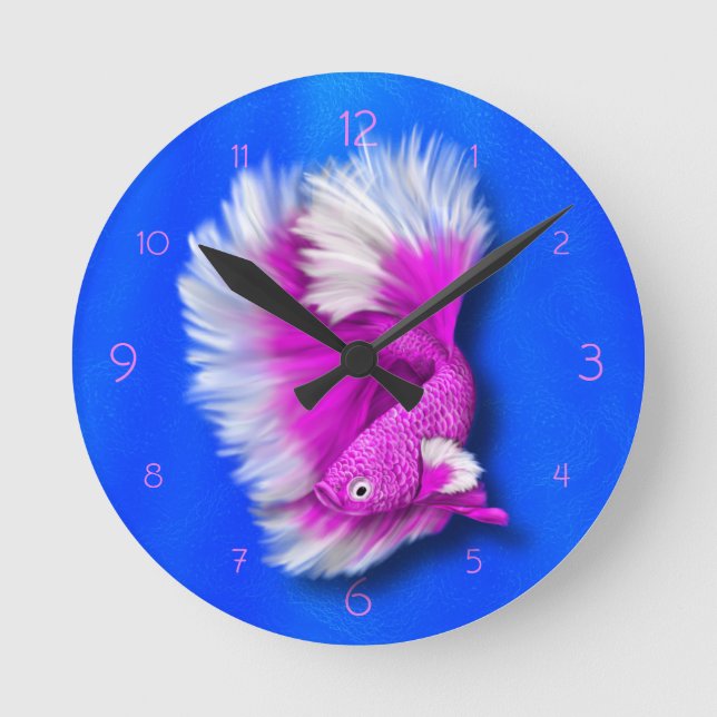 White and Hot Pink Siamese Fighting Fish Round Clock (Front)