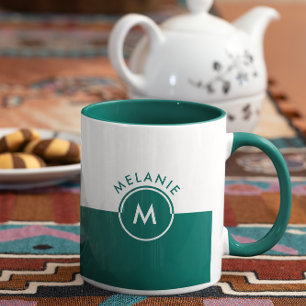 White and hunter green split-screen monogram mug