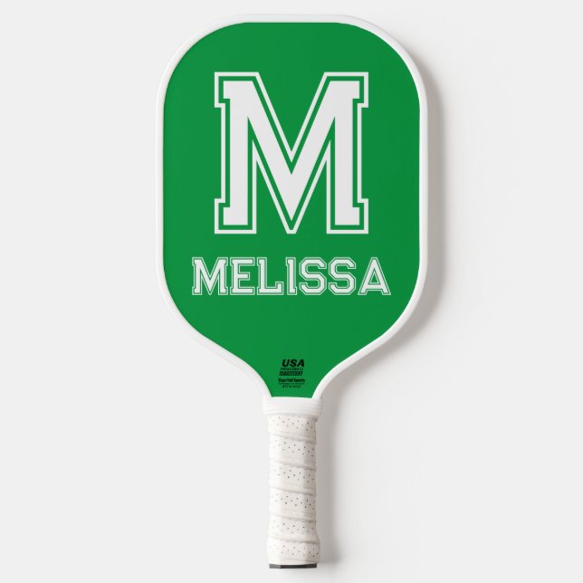 White and Kelly Green Minimalist Modern Monogram Pickleball Paddle (Front)
