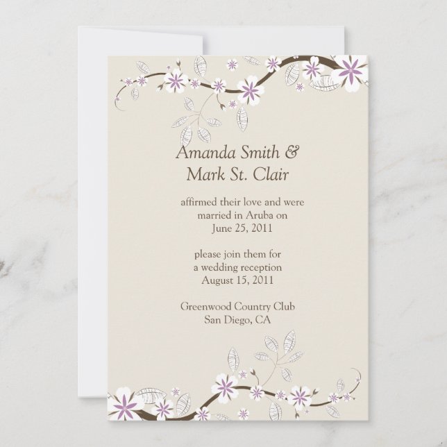 White and Lavender Blossoms on Ecru Post Wedding Invitation (Front)