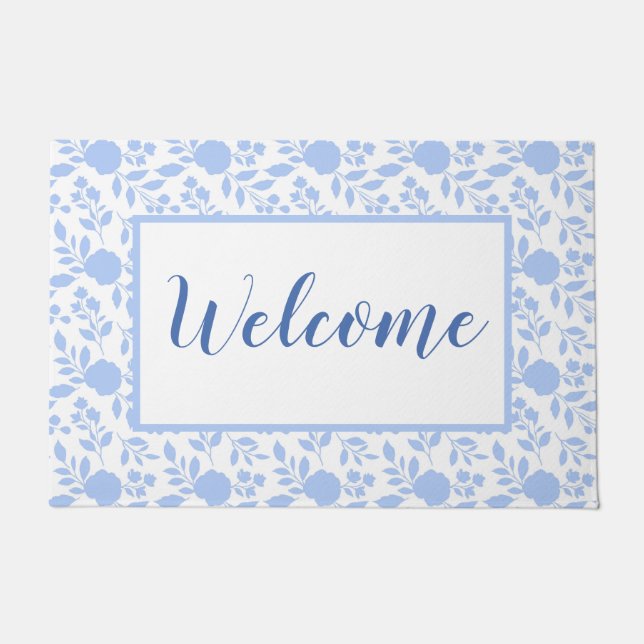 White and Light Blue Floral Doormat (Front)