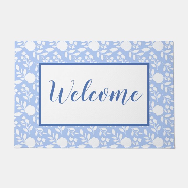 White and Light Blue Floral Doormat (Front)