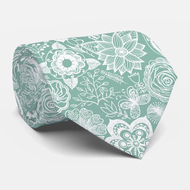 White and Light green retro flowers pattern Tie (Rolled)