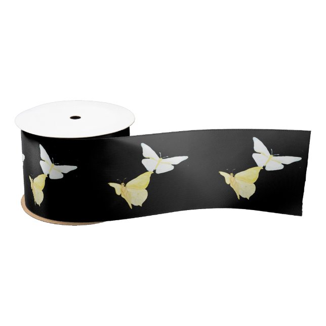 White and Light Yellow Butterflies Flying Black Satin Ribbon (Spool)