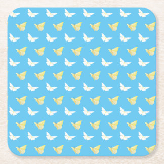 White and Light Yellow Butterflies Flying Blue Square Paper Coaster