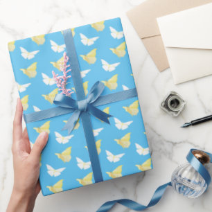 White and Light Yellow Butterflies Flying Blue Wrapping Paper