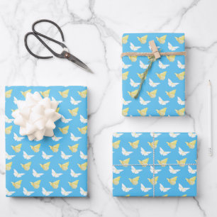 White and Light Yellow Butterflies Flying Blue Wrapping Paper Sheet