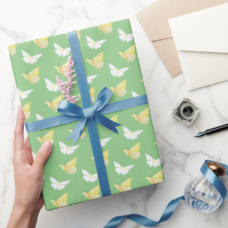 White and Light Yellow Butterflies Flying Green Wrapping Paper