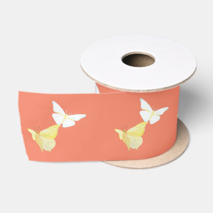 White and Light Yellow Butterflies Flying Orange Satin Ribbon