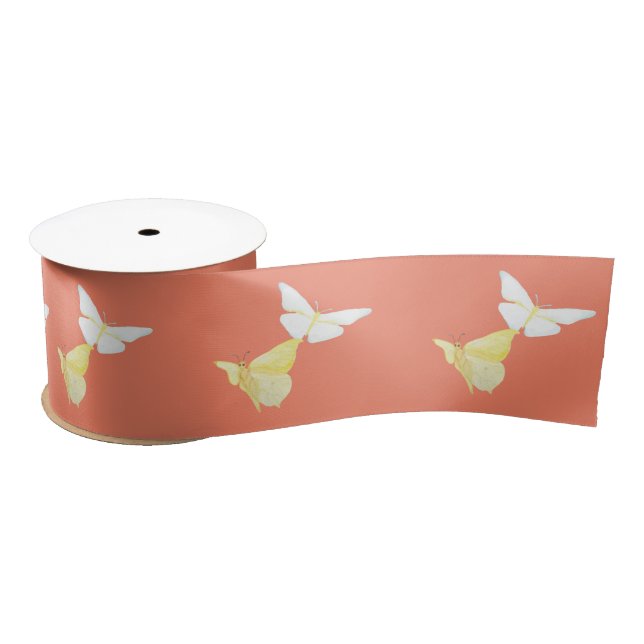 White and Light Yellow Butterflies Flying Orange Satin Ribbon (Spool)