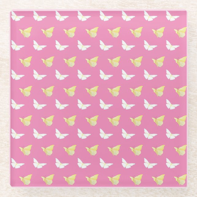 White and Light Yellow Butterflies Flying Pink Glass Coaster (Front)