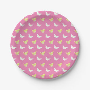 White and Light Yellow Butterflies Flying Pink Paper Plate