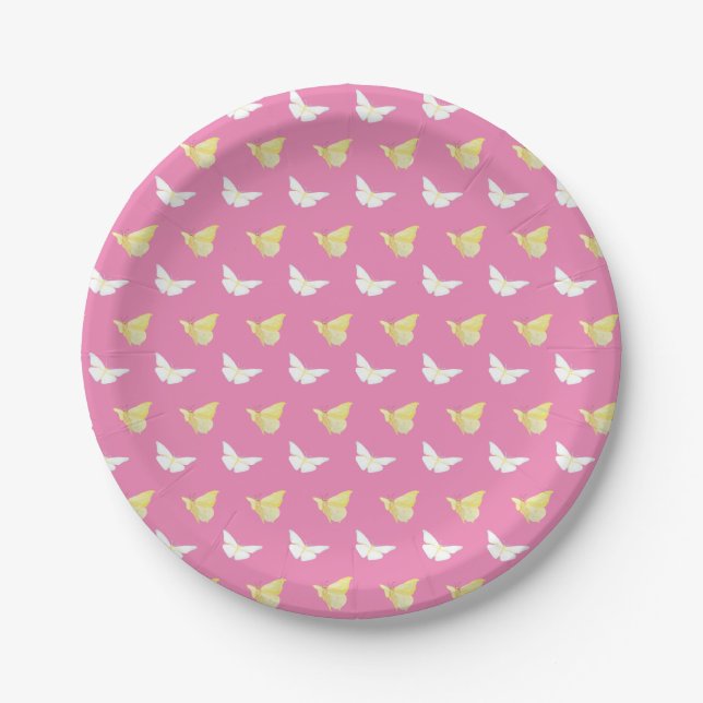 White and Light Yellow Butterflies Flying Pink Paper Plate (Front)