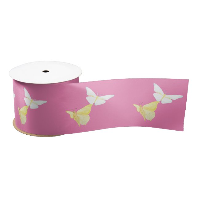 White and Light Yellow Butterflies Flying Pink Satin Ribbon (Spool)