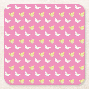 White and Light Yellow Butterflies Flying Pink Square Paper Coaster