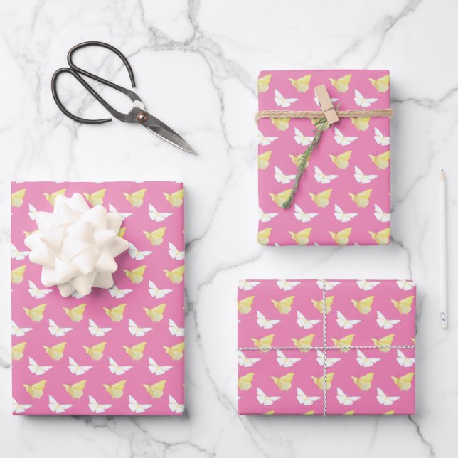 White and Light Yellow Butterflies Flying Pink Wrapping Paper Sheet (Front)