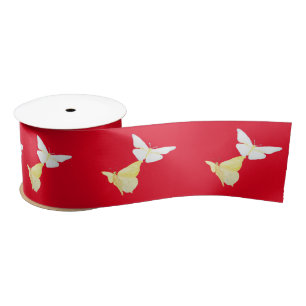 White and Light Yellow Butterflies Flying Red Satin Ribbon
