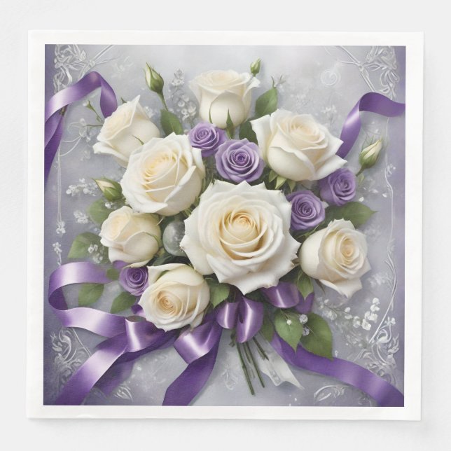 White and lilac roses bouquet with lilac ribbons napkin (Front)