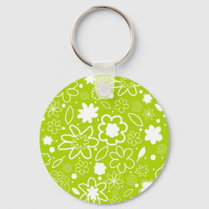 White and Lime Green Floral Pattern Key Ring