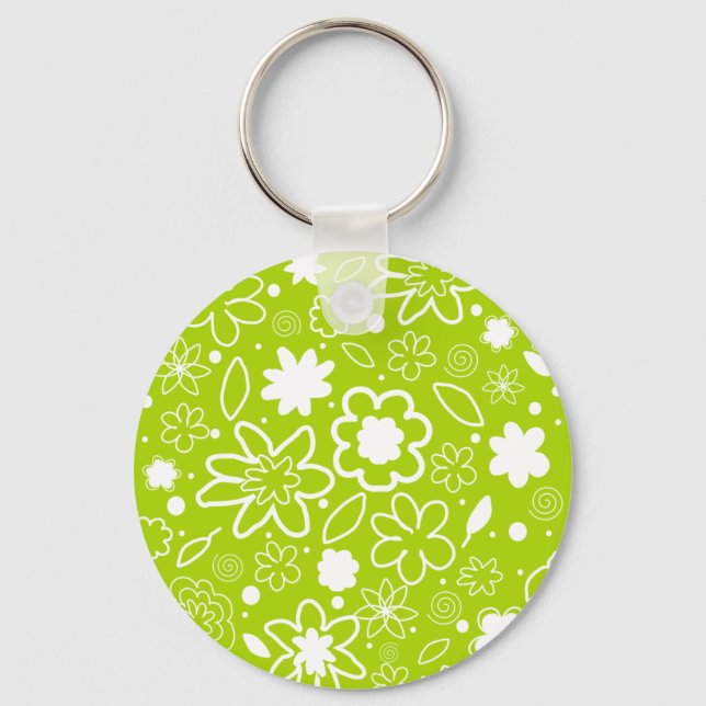 White and Lime Green Floral Pattern Key Ring (Front)