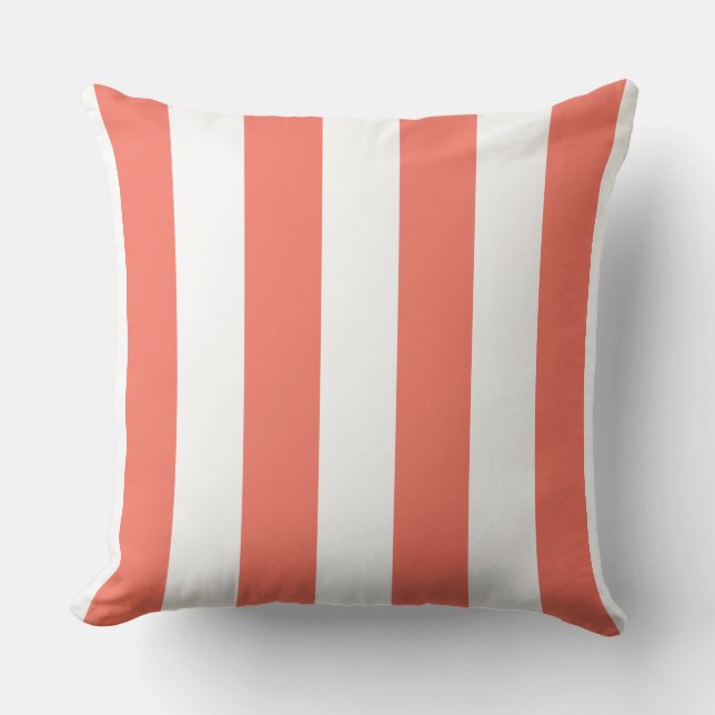 White and Living Coral Stripes Throw Pillow (Front)